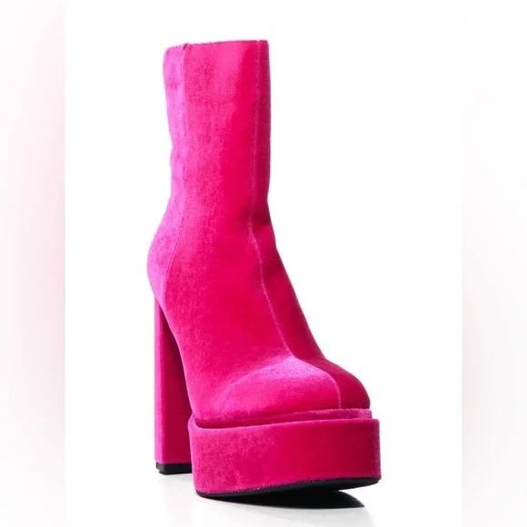 AZALEA WANG Fuchsia Velour Platform Chunky Heel Boots - Picture 3 of 4